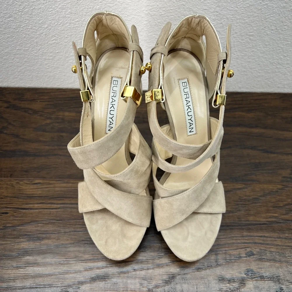 Burak Uyan Burakuyan Womens 37 US 7 Beige Gold Suede Leather Platform Heels